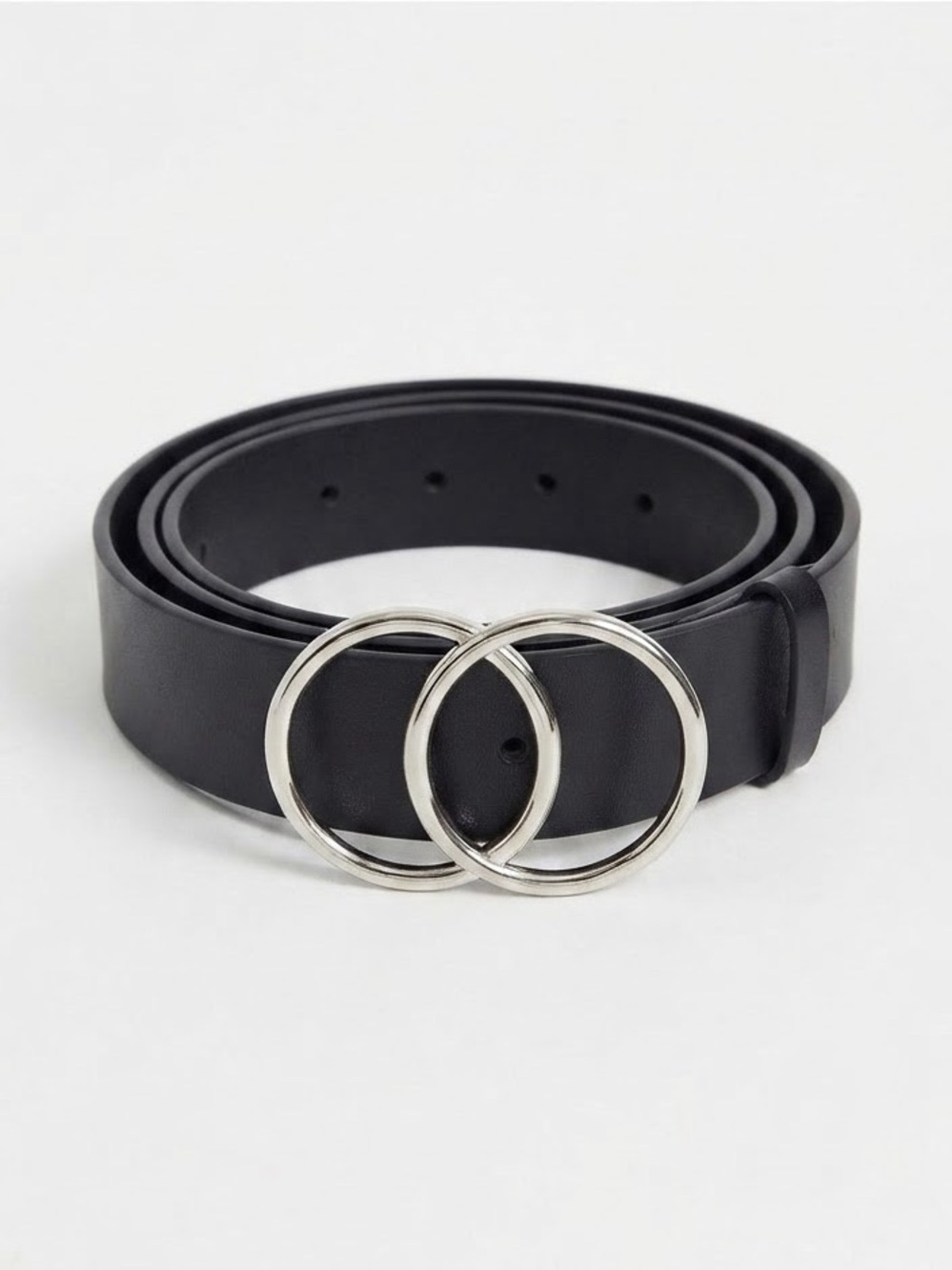 ⁠Black Belt Silver Leather Double O Ring Buckle Sz S/M